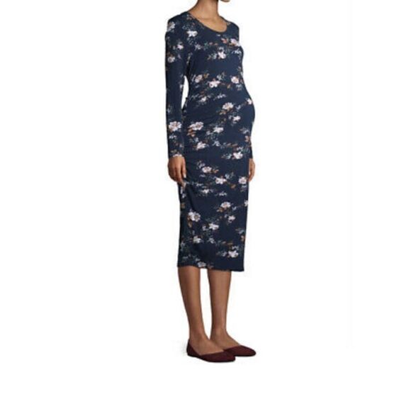 Time And Tru Women's Navy Blue Floral Print Semi-Fitted Maternity Dress Size M - Picture 2 of 12